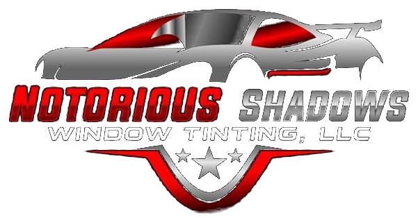 Notorious Shadows Window Tinting LLC logo with red and gray car silhouette and stars