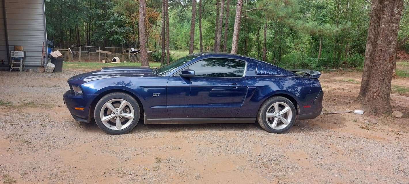Blue Ford Mustang GT parked on dirt driveway in front of wooded area