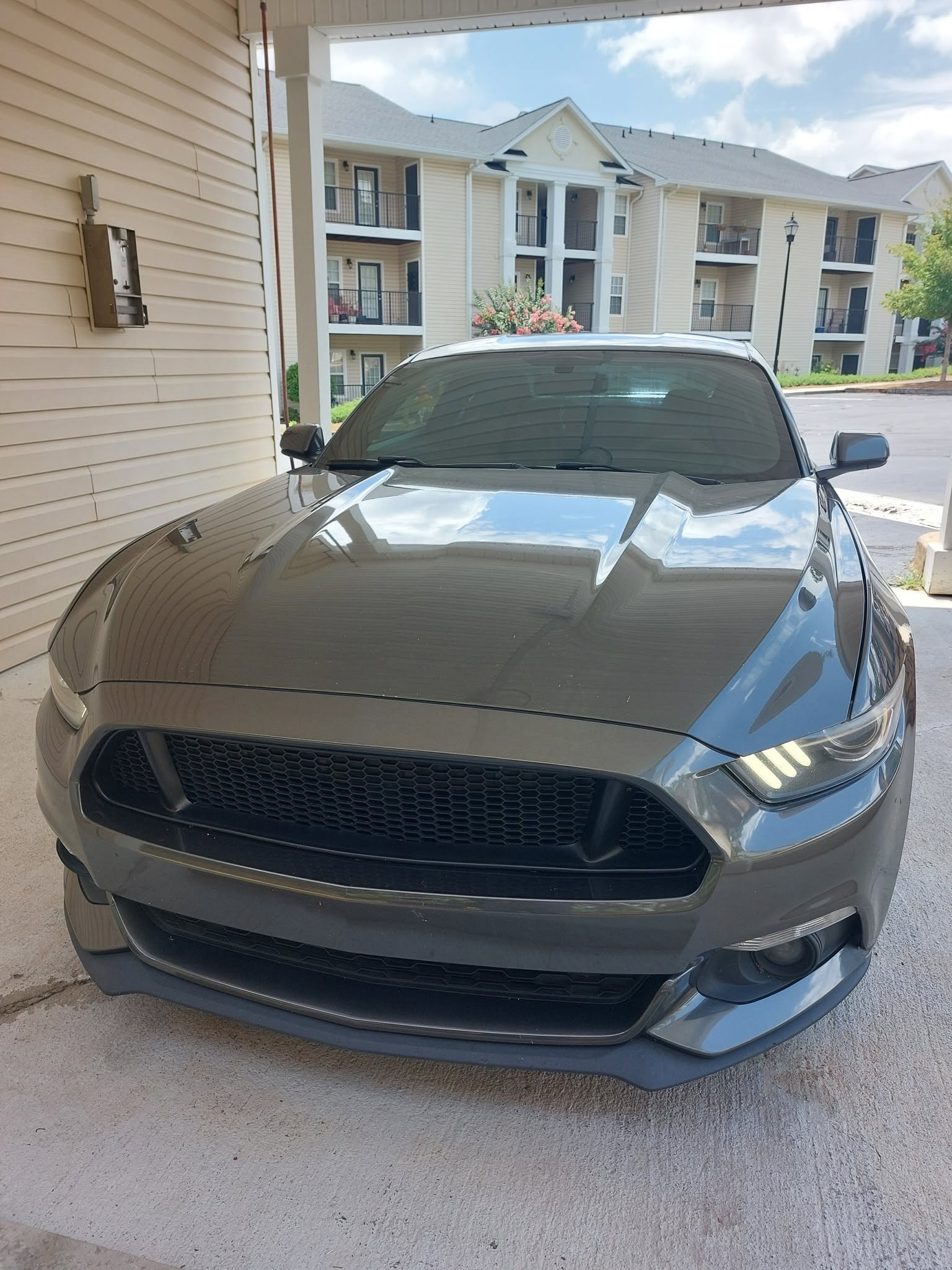 Silver Ford Mustang parked in front of residential apartment buildings