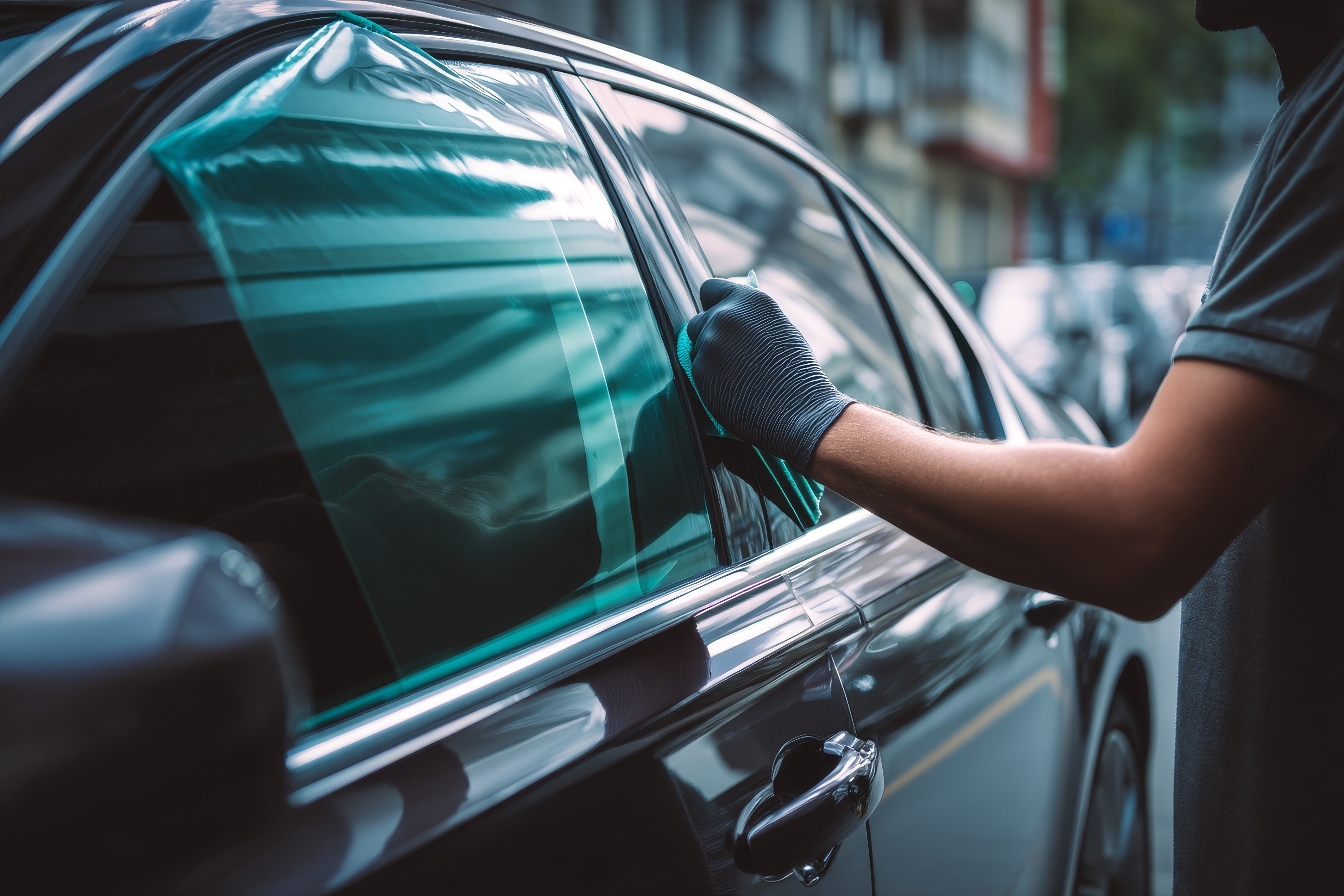 Worker applying window tint film to car window with gloved hand